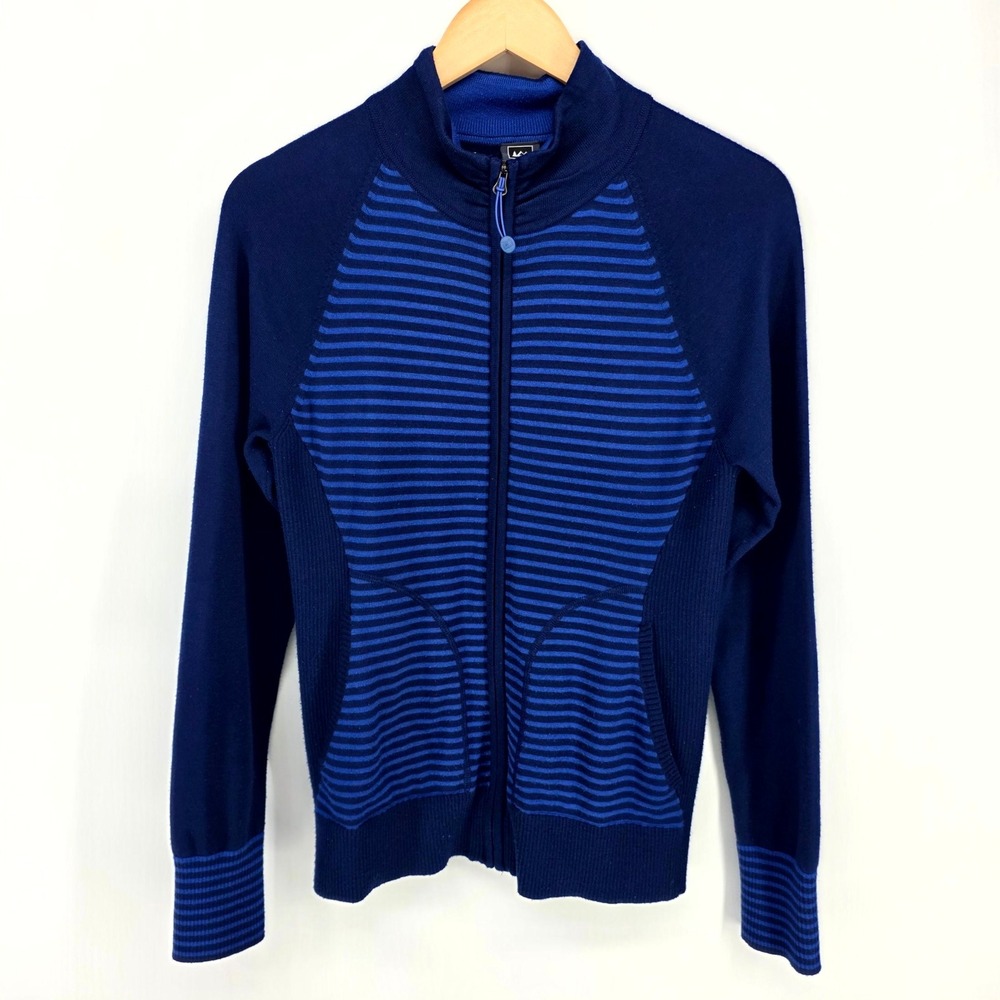 REI Full Zip Cardigan Womens M Blue Striped Coolmax Mock Neck Jacket Sweater